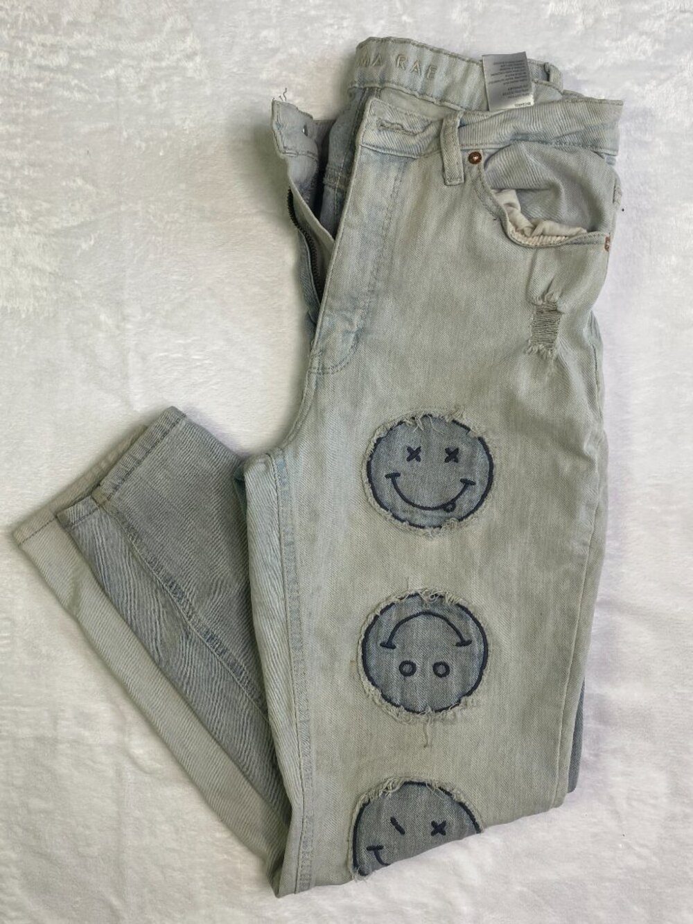 GEMMA RAE SMILEY FACE SKINNY SIZE 11/30 High Rise Jeans Denim Distressed